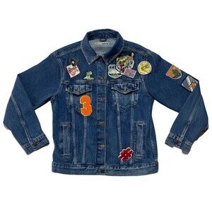 Vintage Moto Denim Jacket with Assorted Patches - Y2K Retro Unisex Size 6